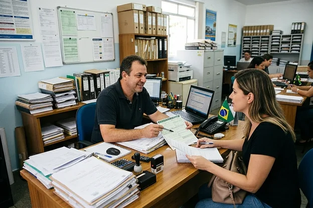 Despachante explicando vantagens dos seus serviços para um cliente em Cotia.
