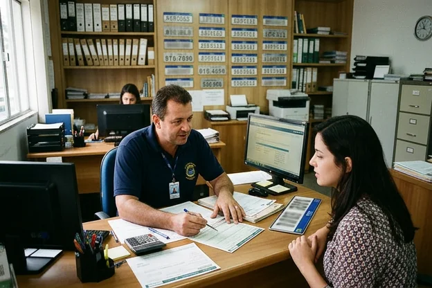 Despachante orientando cliente sobre emplacamento de veículo em Cotia.