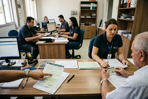 Profissionais de despachante auxiliando clientes no licenciamento de veículos em Cotia.